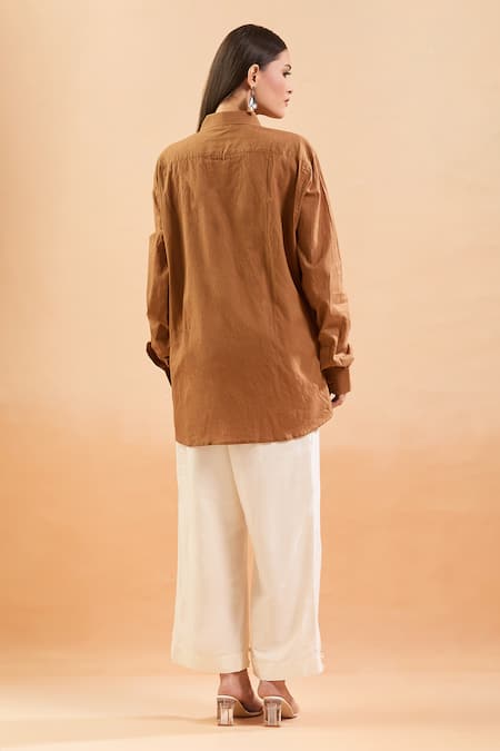 Shop Runit Gupta Brown Cotton Collared Pintucked Patch Pocket Shirt at Aza Fashions Shop_Runit Gupta_Brown Cotton Collared Pintucked Patch Pocket Shirt _at_Aza_Fashions