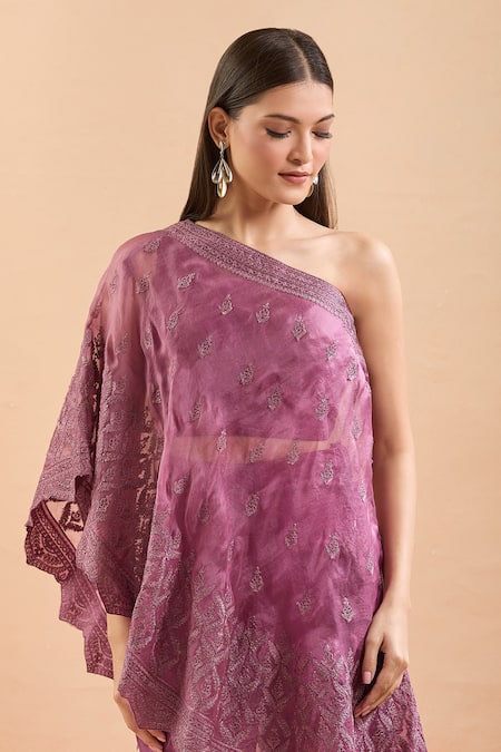 Buy SUHINO Purple Silk Embroidery Floral One Shoulder Cape Set Online at Aza Fashions Buy_SUHINO_Purple Silk Embroidery Floral One Shoulder Cape Set_Online_at_Aza_Fashions