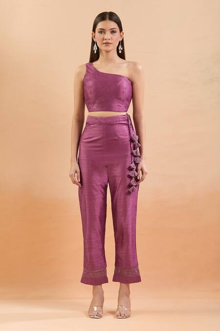 Shop SUHINO Purple Silk Embroidery Floral One Shoulder Cape Set Online at Aza Fashions Shop_SUHINO_Purple Silk Embroidery Floral One Shoulder Cape Set_Online_at_Aza_Fashions