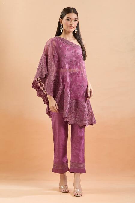 SUHINO Purple Silk Embroidery Floral One Shoulder Cape Set at Aza Fashions SUHINO_Purple Silk Embroidery Floral One Shoulder Cape Set_at_Aza_Fashions