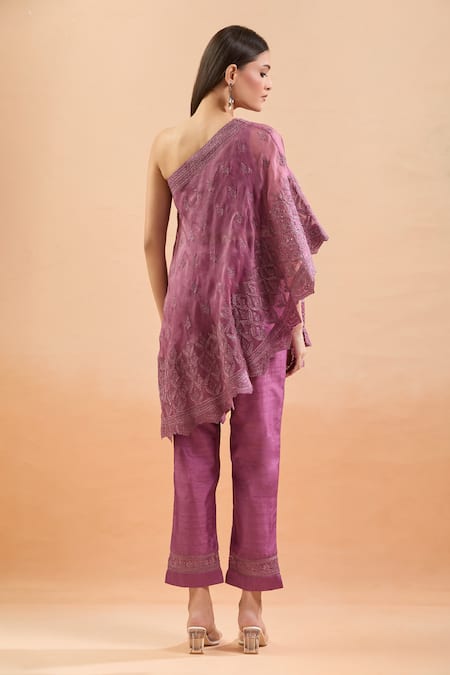 Shop SUHINO Purple Silk Embroidery Floral One Shoulder Cape Set at Aza Fashions Shop_SUHINO_Purple Silk Embroidery Floral One Shoulder Cape Set_at_Aza_Fashions