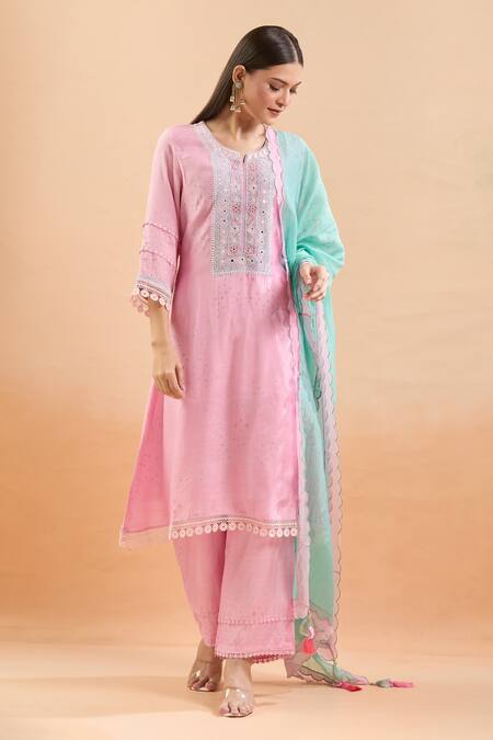 Vrinda By Pundrik Dubey Pink Cotton Pearls, Mirrors, Lace, Embroidery Split Abstract Print Kurta Set Online at Aza Fashions Vrinda By Pundrik Dubey_Pink Cotton Pearls, Mirrors, Lace, Embroidery Split Abstract Print Kurta Set_Online_at_Aza_Fashions