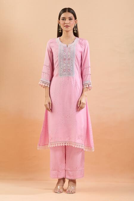 Buy Vrinda By Pundrik Dubey Pink Cotton Pearls, Mirrors, Lace, Embroidery Split Abstract Print Kurta Set Online at Aza Fashions Buy_Vrinda By Pundrik Dubey_Pink Cotton Pearls, Mirrors, Lace, Embroidery Split Abstract Print Kurta Set_Online_at_Aza_Fashions