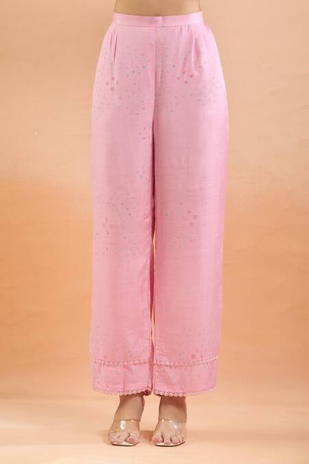 Vrinda By Pundrik Dubey Pink Cotton Pearls, Mirrors, Lace, Embroidery Split Abstract Print Kurta Set at Aza Fashions Vrinda By Pundrik Dubey_Pink Cotton Pearls, Mirrors, Lace, Embroidery Split Abstract Print Kurta Set_at_Aza_Fashions