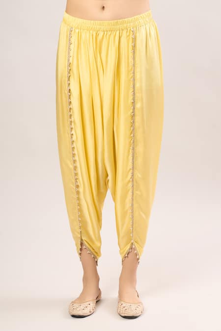 Sheetal Batra_Yellow Zari, Pearls, Embroidery Bandeau Neck Paisley Kurta And Dhoti Pant Set _Online_at_Aza_Fashions