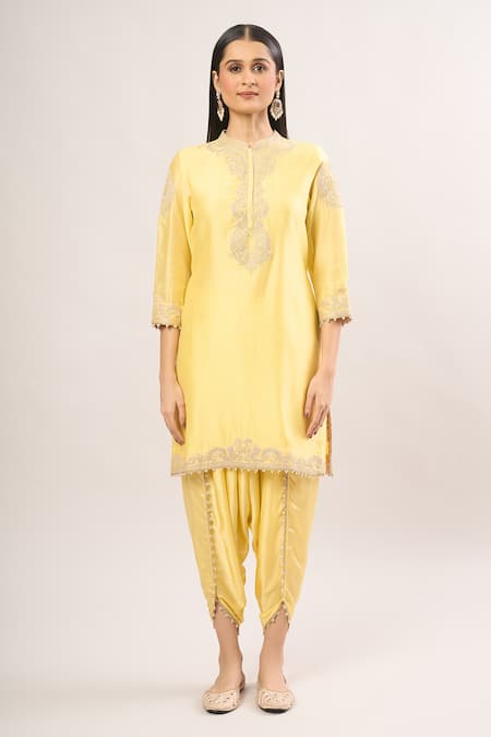 Buy_Sheetal Batra_Yellow Zari, Pearls, Embroidery Bandeau Neck Paisley Kurta And Dhoti Pant Set _Online_at_Aza_Fashions