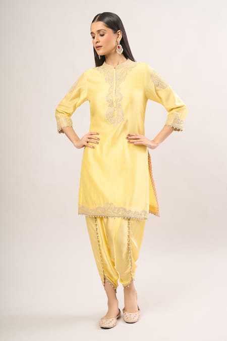 Sheetal Batra_Yellow Zari, Pearls, Embroidery Bandeau Neck Paisley Kurta And Dhoti Pant Set _at_Aza_Fashions