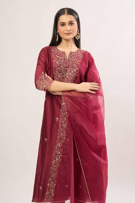 Buy Asaga Maroon Chiffon Gota Patti, Mirrors, Zari, Embroidery Floral Vine Kurta Set Online at Aza Fashions Buy_Asaga_Maroon Chiffon Gota Patti, Mirrors, Zari, Embroidery Floral Vine Kurta Set_Online_at_Aza_Fashions