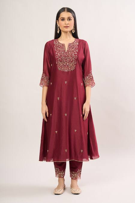 Shop Asaga Maroon Chiffon Gota Patti, Mirrors, Zari, Embroidery Floral Vine Kurta Set Online at Aza Fashions Shop_Asaga_Maroon Chiffon Gota Patti, Mirrors, Zari, Embroidery Floral Vine Kurta Set_Online_at_Aza_Fashions