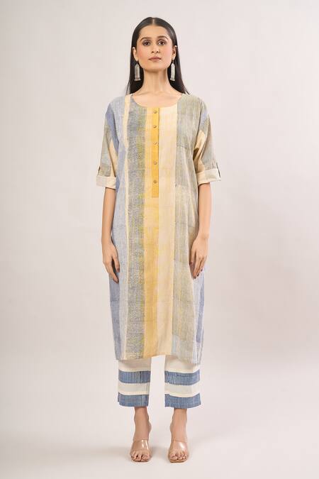 Buy_Banana Labs_Multi Color Cotton Round Neck Stripe Kurta Set _Online_at_Aza_Fashions