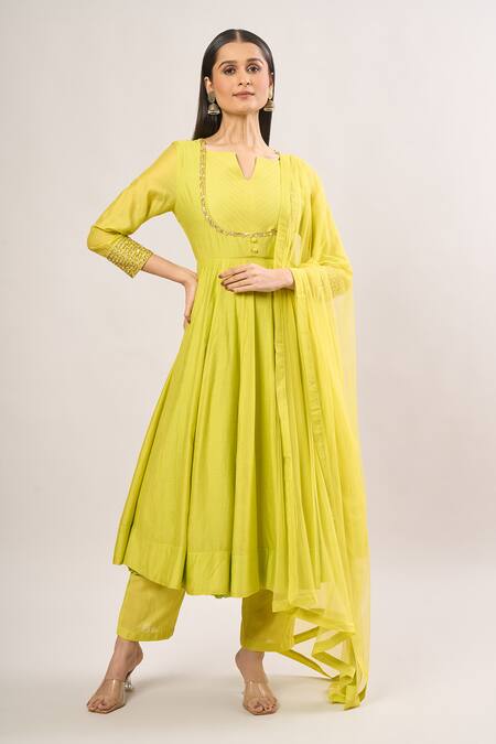 Buy Basanti - Kapde Aur Koffee Green Chiffon Sequins, Beads Split V-neck Embroidered Anarkali Set Buy_Basanti - Kapde Aur Koffee_Green Chiffon Sequins, Beads Split V-neck Embroidered Anarkali Set