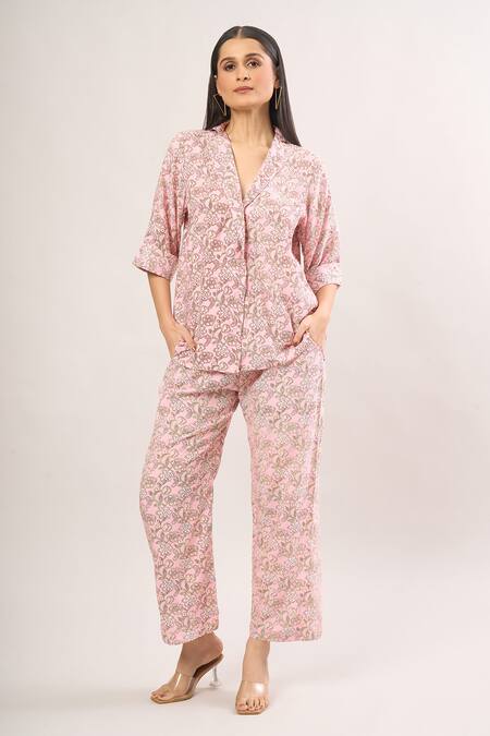 Gulabo Jaipur Pink Collared Floral Print Shirt And Pant Set Online at Aza Fashions Gulabo Jaipur_Pink Collared Floral Print Shirt And Pant Set_Online_at_Aza_Fashions