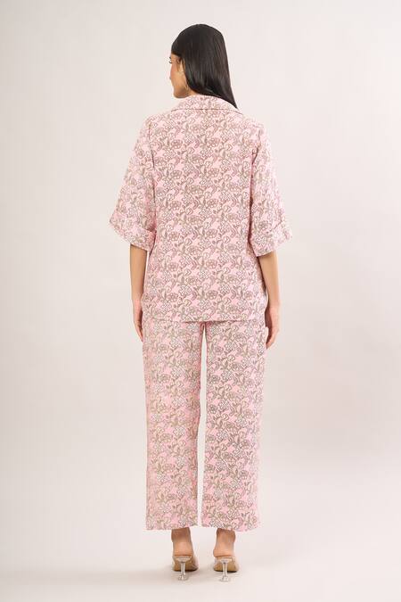 Shop Gulabo Jaipur Pink Collared Floral Print Shirt And Pant Set at Aza Fashions Shop_Gulabo Jaipur_Pink Collared Floral Print Shirt And Pant Set_at_Aza_Fashions