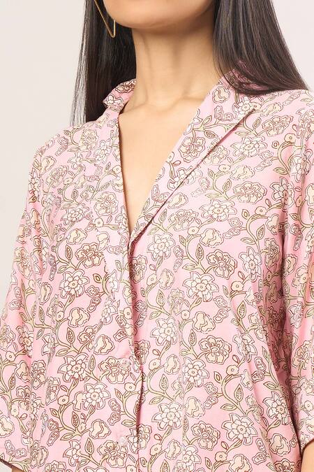 Gulabo Jaipur Pink Collared Floral Print Shirt And Pant Set at Aza Fashions Gulabo Jaipur_Pink Collared Floral Print Shirt And Pant Set_at_Aza_Fashions