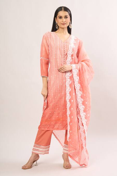 Karaj Jaipur_Peach Cotton Embroidery, Lace V-neck Ombre Floral Kurta Set_Online_at_Aza_Fashions