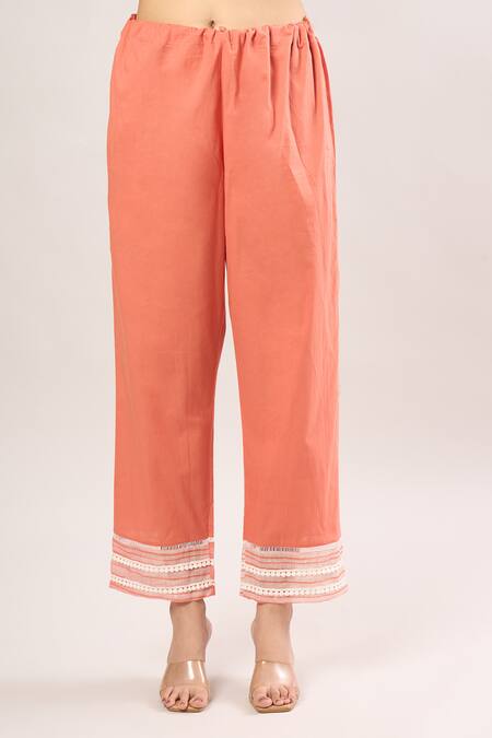 Buy_Karaj Jaipur_Peach Cotton Embroidery, Lace V-neck Ombre Floral Kurta Set_Online_at_Aza_Fashions