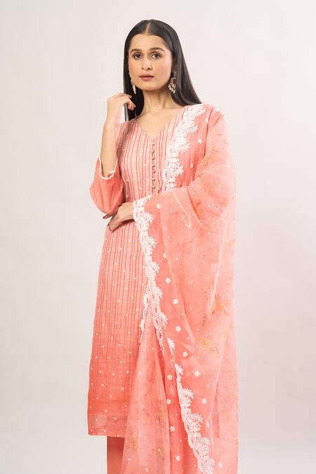 Shop_Karaj Jaipur_Peach Cotton Embroidery, Lace V-neck Ombre Floral Kurta Set_Online_at_Aza_Fashions