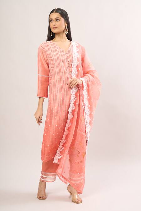 Buy_Karaj Jaipur_Peach Cotton Embroidery, Lace V-neck Ombre Floral Kurta Set