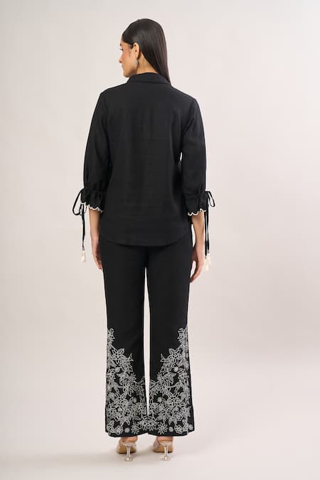 Shop Label Deepika Nagpal Black Embroidery Collared Floral Shirt And Pant Set at Aza Fashions Shop_Label Deepika Nagpal_Black Embroidery Collared Floral Shirt And Pant Set _at_Aza_Fashions