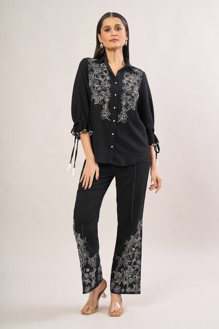 Label Deepika Nagpal Black Embroidery Collared Floral Shirt And Pant Set Online at Aza Fashions Label Deepika Nagpal_Black Embroidery Collared Floral Shirt And Pant Set _Online_at_Aza_Fashions