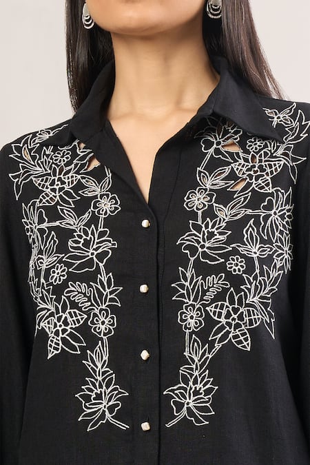 Buy Label Deepika Nagpal Black Embroidery Collared Floral Shirt And Pant Set Online at Aza Fashions Buy_Label Deepika Nagpal_Black Embroidery Collared Floral Shirt And Pant Set _Online_at_Aza_Fashions
