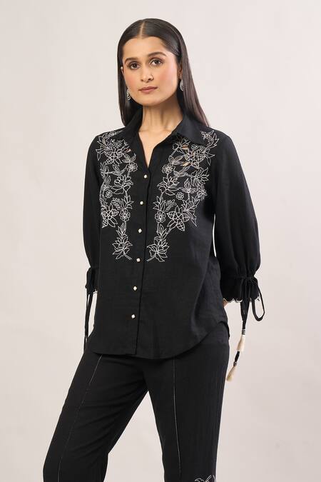 Shop Label Deepika Nagpal Black Embroidery Collared Floral Shirt And Pant Set Online at Aza Fashions Shop_Label Deepika Nagpal_Black Embroidery Collared Floral Shirt And Pant Set _Online_at_Aza_Fashions