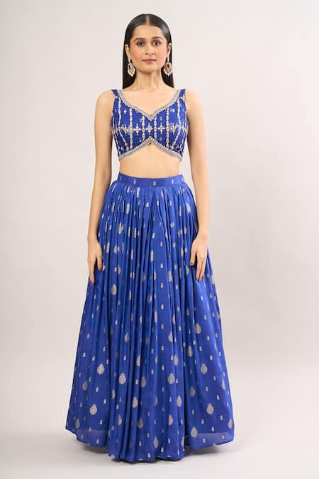 Lashkaraa Blue Chiffon Embroidery, Sequins, Zari Round Woven Floral Buttis Lehenga Set Online at Aza Fashions Lashkaraa_Blue Chiffon Embroidery, Sequins, Zari Round Woven Floral Buttis Lehenga Set _Online_at_Aza_Fashions