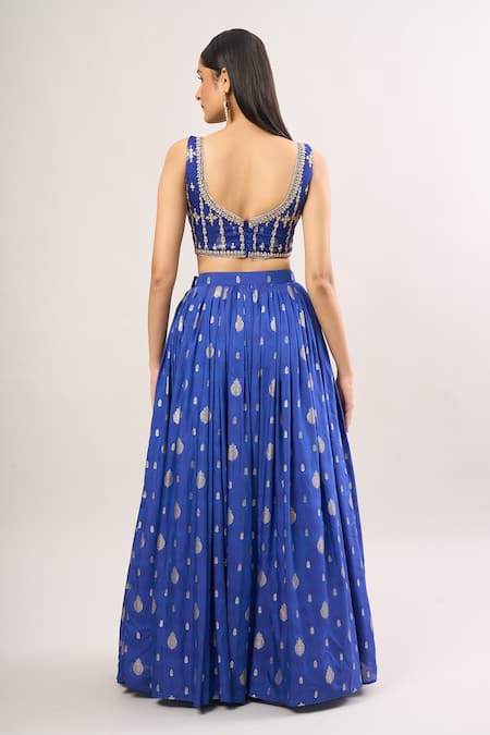 Shop Lashkaraa Blue Chiffon Embroidery, Sequins, Zari Round Woven Floral Buttis Lehenga Set at Aza Fashions Shop_Lashkaraa_Blue Chiffon Embroidery, Sequins, Zari Round Woven Floral Buttis Lehenga Set _at_Aza_Fashions