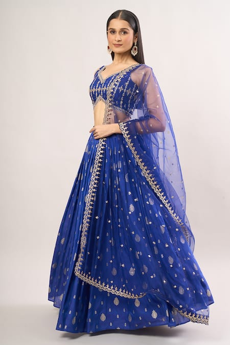 Shop Lashkaraa Blue Chiffon Embroidery, Sequins, Zari Round Woven Floral Buttis Lehenga Set Online at Aza Fashions Shop_Lashkaraa_Blue Chiffon Embroidery, Sequins, Zari Round Woven Floral Buttis Lehenga Set _Online_at_Aza_Fashions