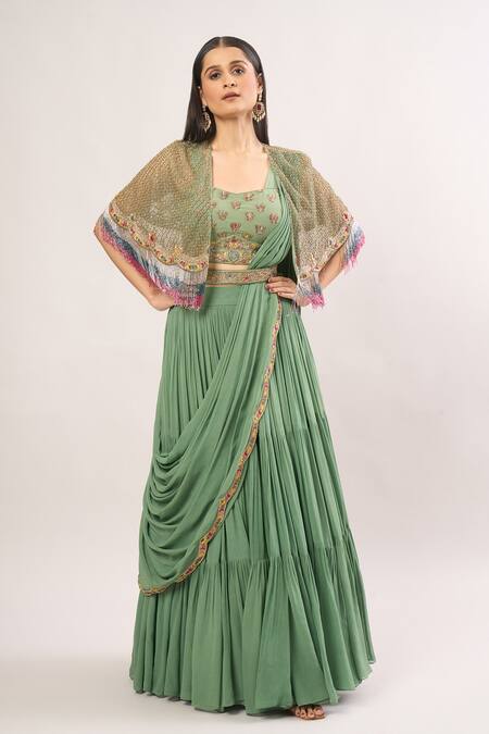 Miku Kumar Green Cut Work, Embroidery, Sequins, Pearls Geometric Cape Lehenga Set Online at Aza Fashions Miku Kumar_Green Cut Work, Embroidery, Sequins, Pearls Geometric Cape Lehenga Set_Online_at_Aza_Fashions