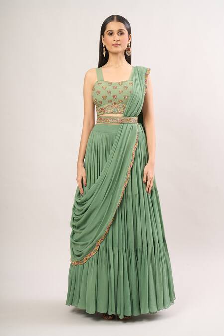 Buy Miku Kumar Green Cut Work, Embroidery, Sequins, Pearls Geometric Cape Lehenga Set Online at Aza Fashions Buy_Miku Kumar_Green Cut Work, Embroidery, Sequins, Pearls Geometric Cape Lehenga Set_Online_at_Aza_Fashions