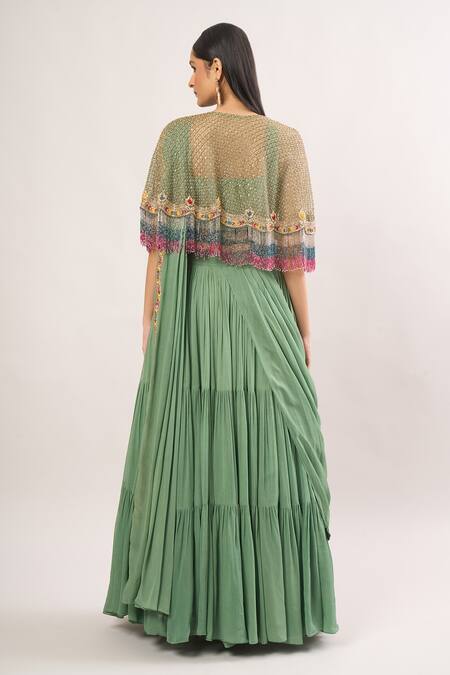 Shop Miku Kumar Green Cut Work, Embroidery, Sequins, Pearls Geometric Cape Lehenga Set at Aza Fashions Shop_Miku Kumar_Green Cut Work, Embroidery, Sequins, Pearls Geometric Cape Lehenga Set_at_Aza_Fashions