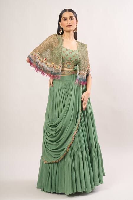 Shop Miku Kumar Green Cut Work, Embroidery, Sequins, Pearls Geometric Cape Lehenga Set Online at Aza Fashions Shop_Miku Kumar_Green Cut Work, Embroidery, Sequins, Pearls Geometric Cape Lehenga Set_Online_at_Aza_Fashions