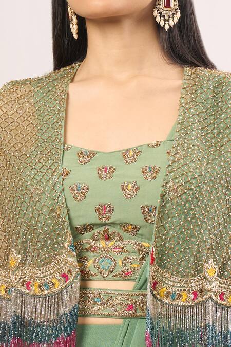 Miku Kumar Green Cut Work, Embroidery, Sequins, Pearls Geometric Cape Lehenga Set at Aza Fashions Miku Kumar_Green Cut Work, Embroidery, Sequins, Pearls Geometric Cape Lehenga Set_at_Aza_Fashions