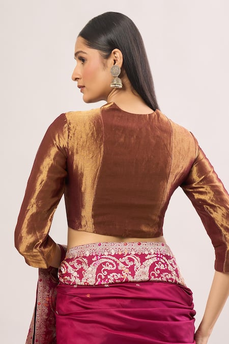Mimamsaa_Gold Tissue Square Neck Metallic Blouse _Online_at_Aza_Fashions