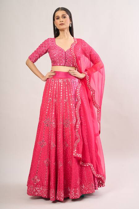 Shop Neha Khullar Pink Silk Mirrors, Sequins, Embroidery Geometric Lehenga Set Online at Aza Fashions Shop_Neha Khullar_Pink Silk Mirrors, Sequins, Embroidery Geometric Lehenga Set_Online_at_Aza_Fashions