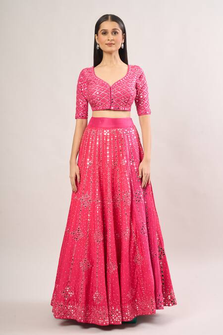 Neha Khullar Pink Silk Mirrors, Sequins, Embroidery Geometric Lehenga Set at Aza Fashions Neha Khullar_Pink Silk Mirrors, Sequins, Embroidery Geometric Lehenga Set_at_Aza_Fashions