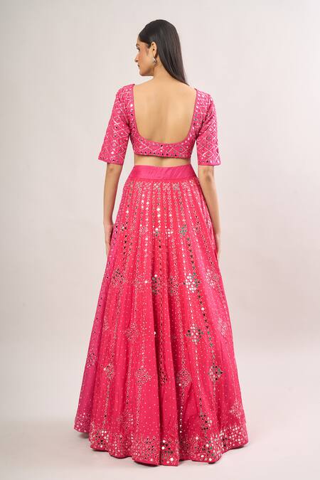 Shop Neha Khullar Pink Silk Mirrors, Sequins, Embroidery Geometric Lehenga Set at Aza Fashions Shop_Neha Khullar_Pink Silk Mirrors, Sequins, Embroidery Geometric Lehenga Set_at_Aza_Fashions