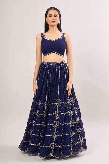 Buy_Prevasu_Blue Chiffon, Georgette Mirrors, Sequins Checkered Embroidered Lehenga Set_Online_at_Aza_Fashions