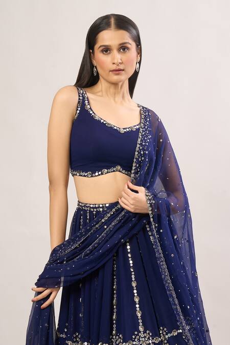 Shop_Prevasu_Blue Chiffon, Georgette Mirrors, Sequins Checkered Embroidered Lehenga Set_Online_at_Aza_Fashions