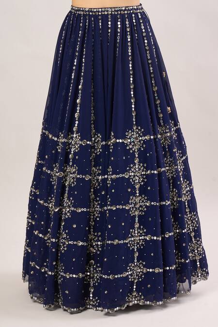Prevasu_Blue Chiffon, Georgette Mirrors, Sequins Checkered Embroidered Lehenga Set_at_Aza_Fashions
