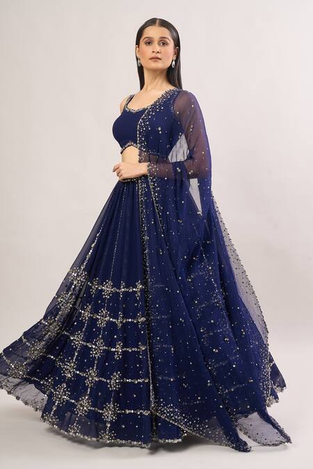 Buy_Prevasu_Blue Chiffon, Georgette Mirrors, Sequins Checkered Embroidered Lehenga Set