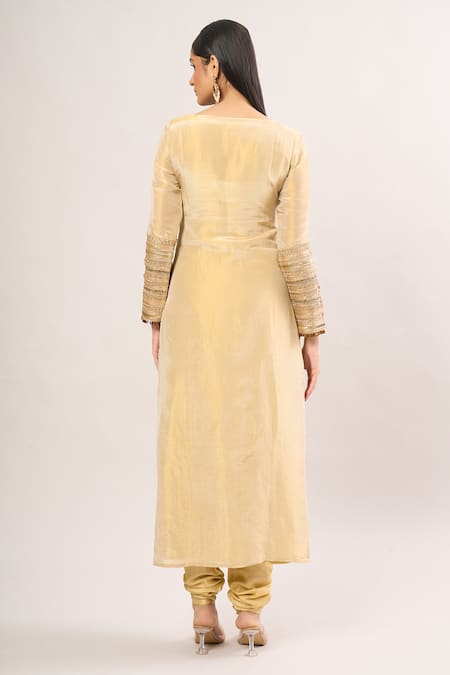 Shop_Roze_Gold Chiffon Lace Scoop Neck Embellished Kurta Set _at_Aza_Fashions