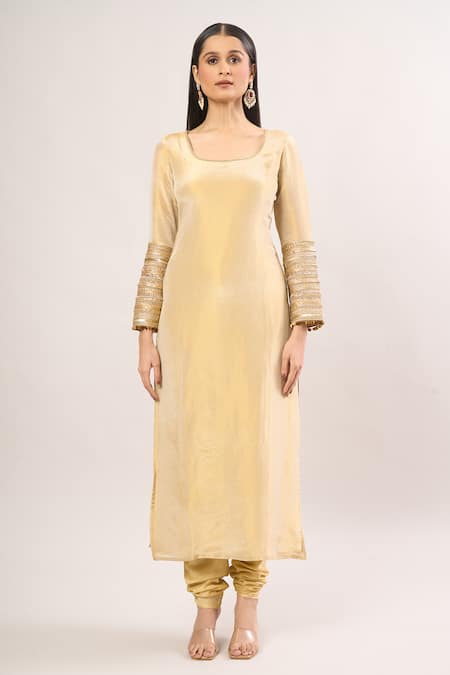 Shop_Roze_Gold Chiffon Lace Scoop Neck Embellished Kurta Set _Online_at_Aza_Fashions
