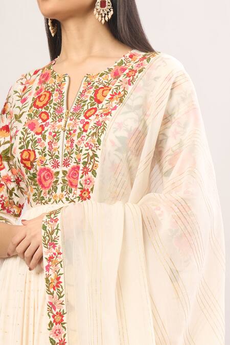 Shraddha Rambhia Ivory Cotton Embroidery Split V-neck Floral Anarkali And Dupatta Online at Aza Fashions Shraddha Rambhia_Ivory Cotton Embroidery Split V-neck Floral Anarkali And Dupatta_Online_at_Aza_Fashions