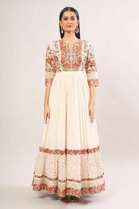 Buy Shraddha Rambhia Ivory Cotton Embroidery Split V-neck Floral Anarkali And Dupatta Online at Aza Fashions Buy_Shraddha Rambhia_Ivory Cotton Embroidery Split V-neck Floral Anarkali And Dupatta_Online_at_Aza_Fashions