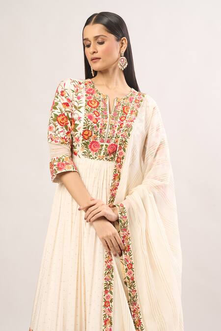 Shop Shraddha Rambhia Ivory Cotton Embroidery Split V-neck Floral Anarkali And Dupatta Online at Aza Fashions Shop_Shraddha Rambhia_Ivory Cotton Embroidery Split V-neck Floral Anarkali And Dupatta_Online_at_Aza_Fashions