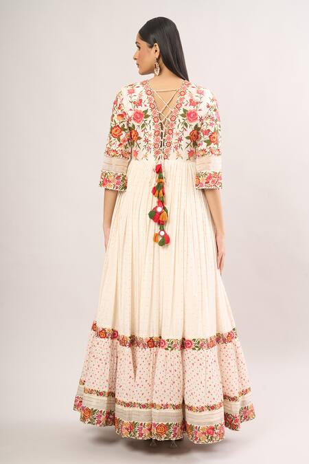 Shop Shraddha Rambhia Ivory Cotton Embroidery Split V-neck Floral Anarkali And Dupatta at Aza Fashions Shop_Shraddha Rambhia_Ivory Cotton Embroidery Split V-neck Floral Anarkali And Dupatta_at_Aza_Fashions