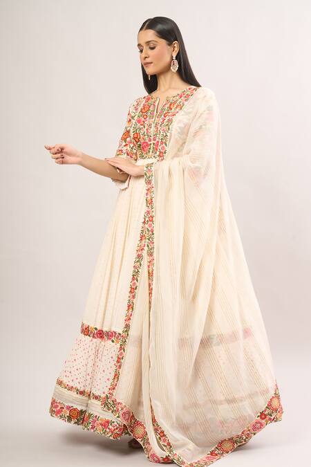 Shraddha Rambhia Ivory Cotton Embroidery Split V-neck Floral Anarkali And Dupatta at Aza Fashions Shraddha Rambhia_Ivory Cotton Embroidery Split V-neck Floral Anarkali And Dupatta_at_Aza_Fashions