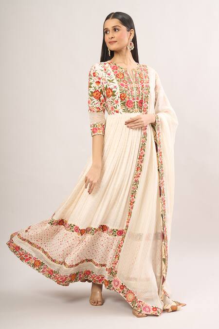 Buy Shraddha Rambhia Ivory Cotton Embroidery Split V-neck Floral Anarkali And Dupatta Buy_Shraddha Rambhia_Ivory Cotton Embroidery Split V-neck Floral Anarkali And Dupatta